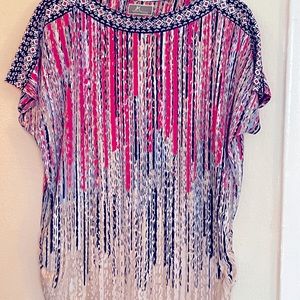 Pink top, with navy/white/tan blend; Sparkly trim arm/neckline.